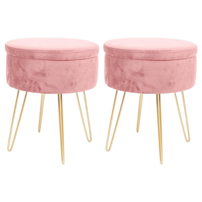 Harbour Housewares Round Velvet Storage Footstools - Pack of 2, Gold, Pink
