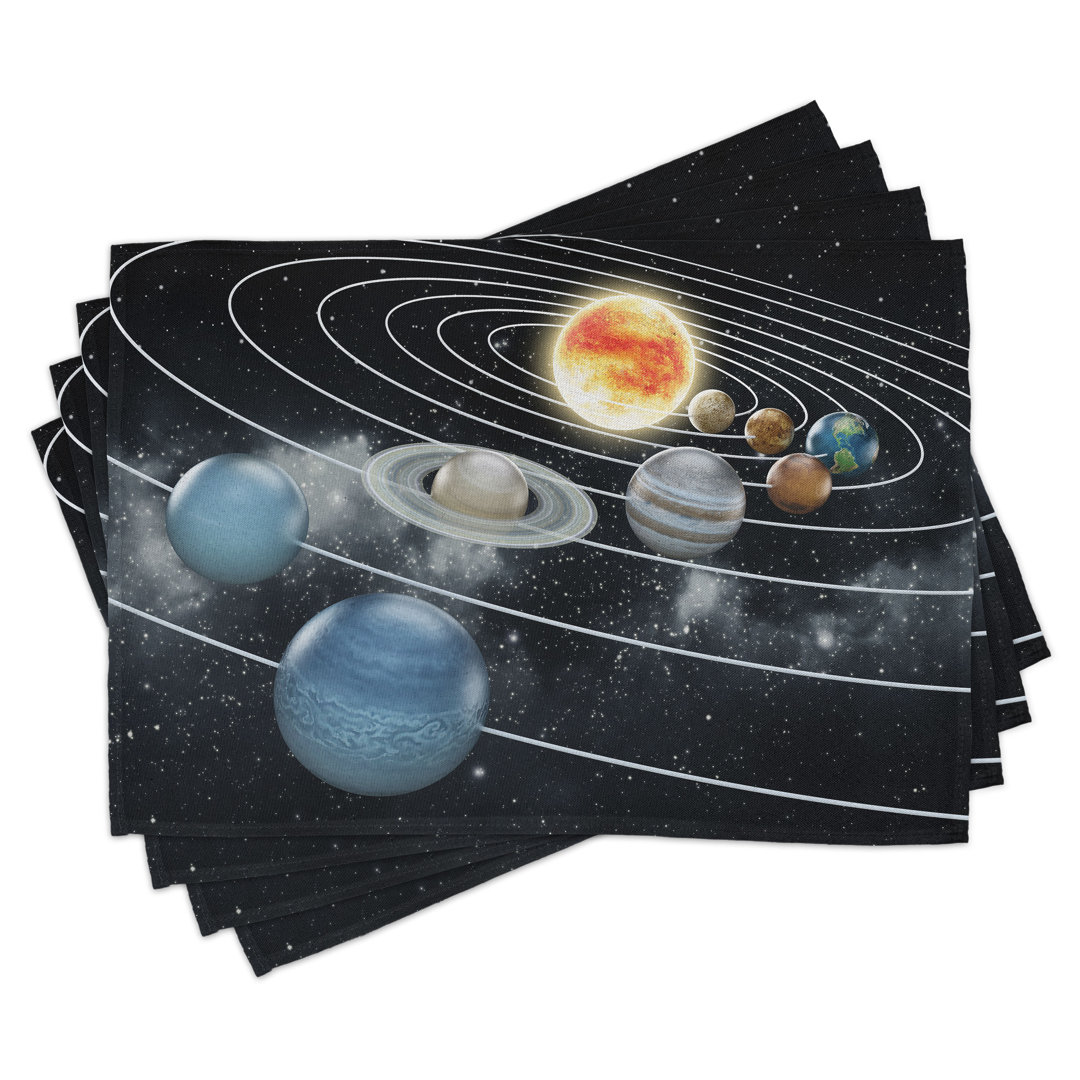 Platzdeckchen 4er Set, Sonnensystem Sonne Planeten, Schwarz Grau