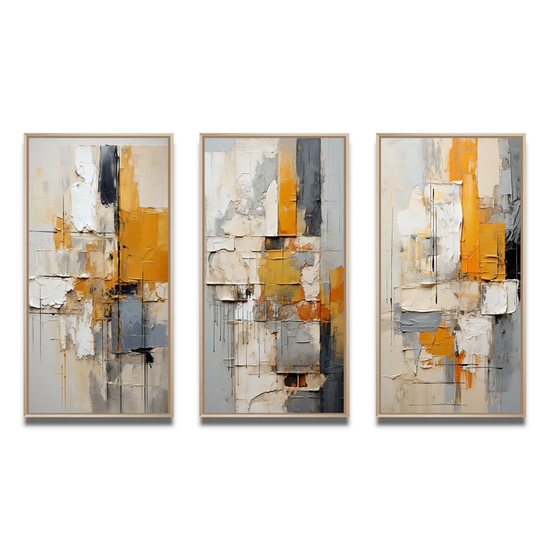 3 pièces sur toile - Assemblage abstrait, Encadrement brun, H 32 po x l 48 po