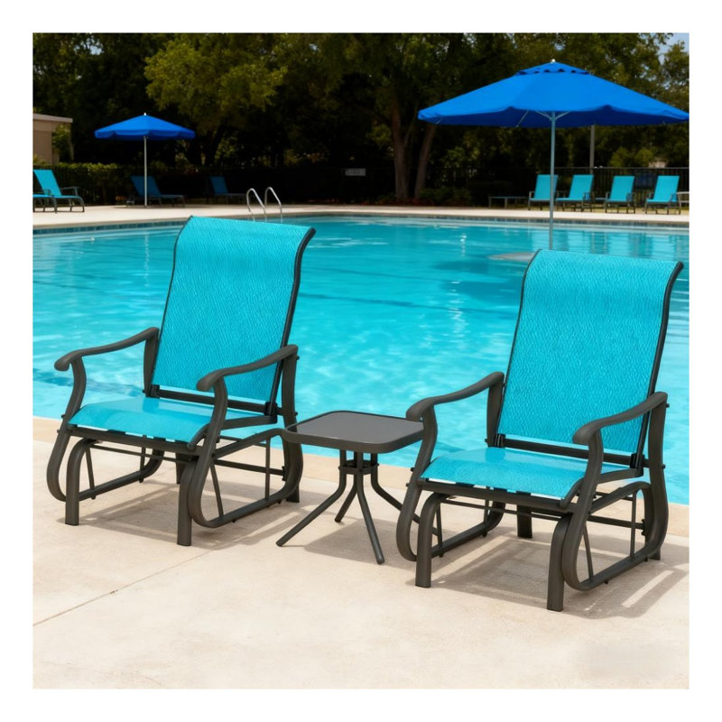 Ensemble de balançoire de patio 3 pièces avec cadre en acier et table en verre trempé, brun et bleu