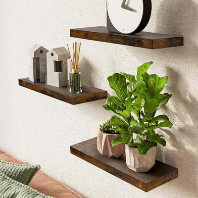 Floating Wood Shelves - Wall Mounted For Bathroom,Bedroom,Living Room,Kitchen,Small Hanging Shelf For Books/Storage/Room Decor With 22Lbs Capacity(Rustic Brown,Set Of 3,15.7Inch)