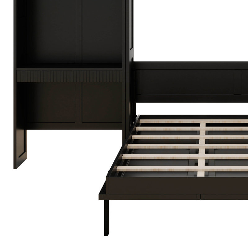 Lit escamotable avec bureau, armoire de rangement, lumière DEL, cadre de lit mural pliable Farmhouse, tablettes de rangement multiples