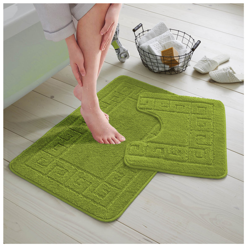 2 Piece Bathroom Rug Set Greek Key Pattern Bath Mat & Pedestal Mat Non Slip Rubber Back Soft Absorbent Mats, Green