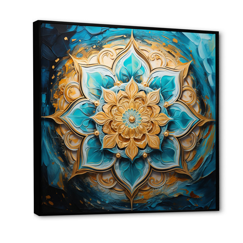Divine mandala sur toile rétro or et turquoise I sur toile, 36" H x 36" W, Cadre flottant noir