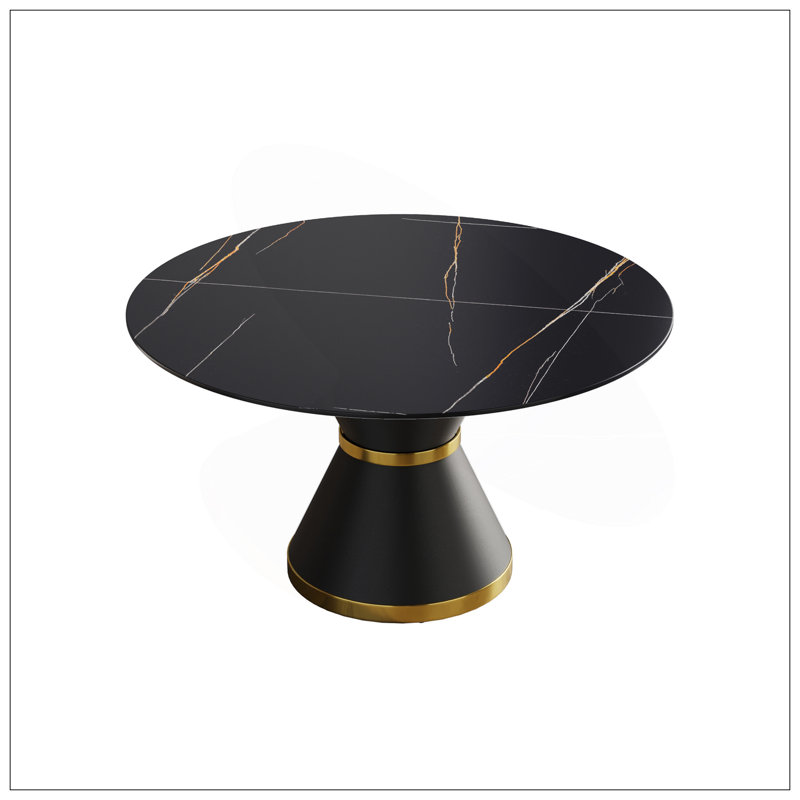 53.15"Modern Artificial Stone Round Black Carbon Steel Base Dining Table-Can Accommodate 6 People, Black