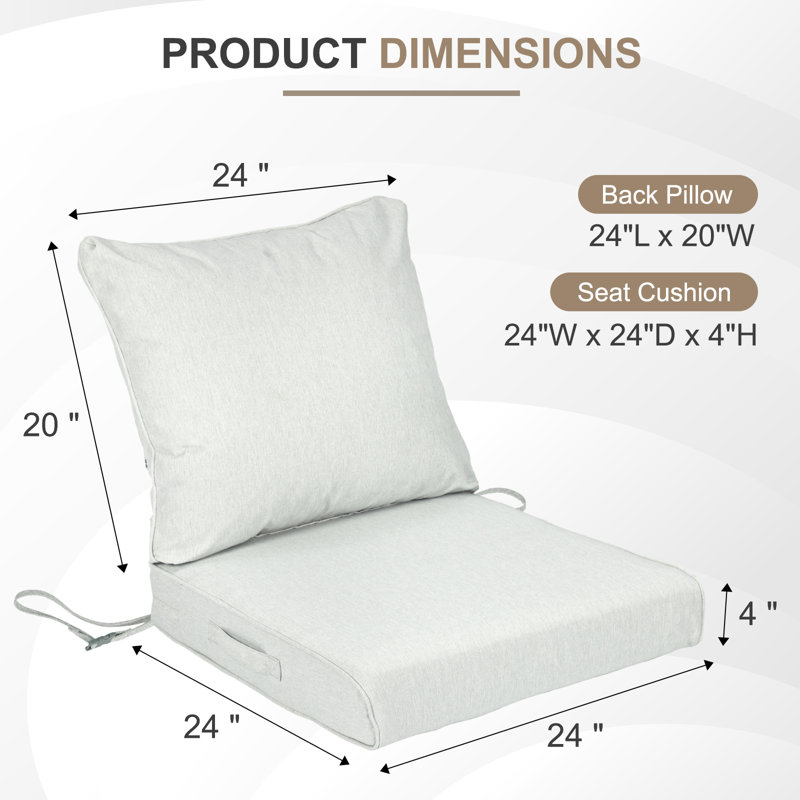 Outdoor Water-resistant Deep Seat Cushion Set, Gray, 24" W x 24" D