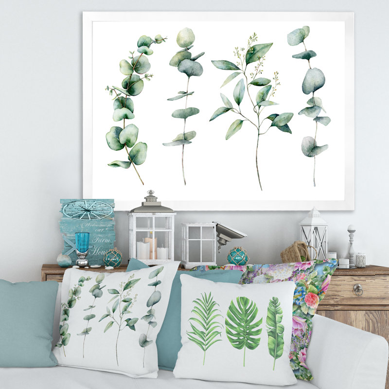 Green Eucalyptus Branches I - peinture sur toile, H 24 po x l 32 po x P 1 po, Cadre photo blanc