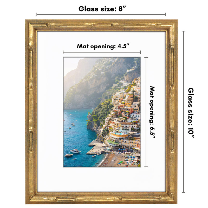 Picture Frame with Mat - Gold Frame - Faux Bamboo Design - Easel Stand and Shatter Resistant Glass, 8" W x 10" H