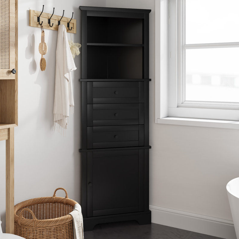 68.9" Tall  Corner Storage Cabinet With Open Shelf, Drawers  And Door, Black