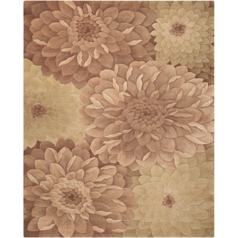 Tapis vert / brun en laine touffeté à la main Floral, Rectangle de 7 pi 6 po x 9 pi 6 po