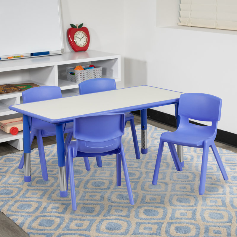 Goddard 5-Piece Rectangle Plastic Kids Activity Table and Chairs Set, Blue