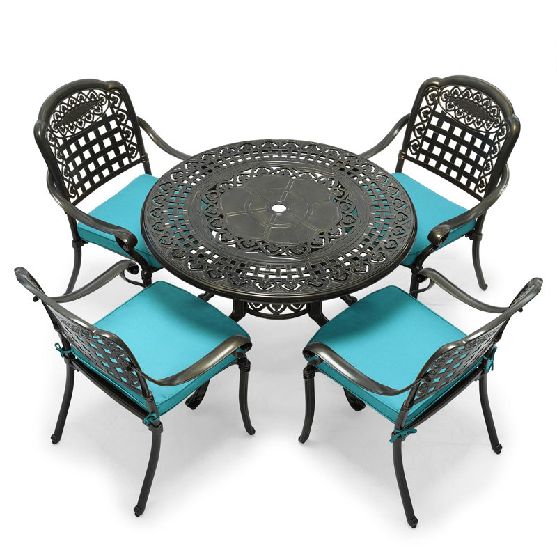 Newton Vivijason 5-Piece Patio Furniture Dining Set, All-Weather Cast Aluminum Outdoor Conversation Set, Include 4 Cushioned Chairs And 1 Round Table W/Umbrella Hole For Balcony, Lawn, Garden, Backyard