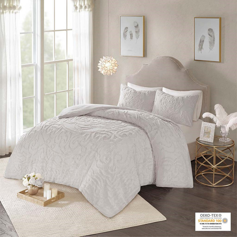 Ensemble d'édredon 3 pièces en médaillon en chenille de coton touffeté gris très grand / très grand californien