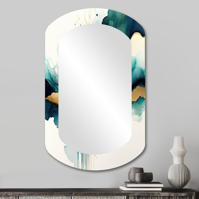 Teal And Gold Abstract Expression III - Liquid Ink Asymmetrical Decorative Mirror, Modern Cylinder Wall Mirror, Printed Metal Art