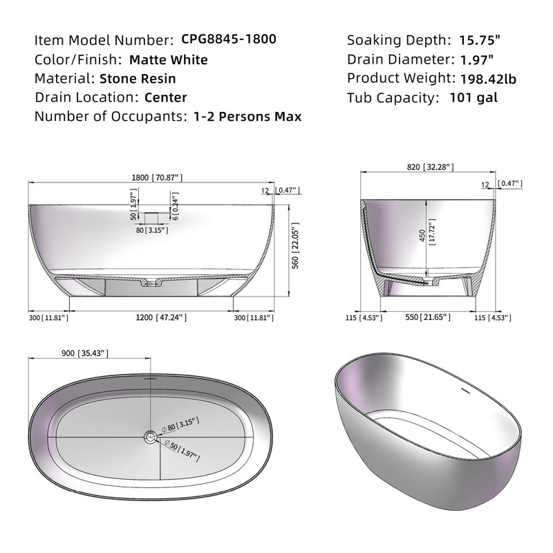 71'' Freestanding Tub Solid Surface Stone Resin Free Standing Soaking Bathtub with Overflow, Pop-up Drain, White