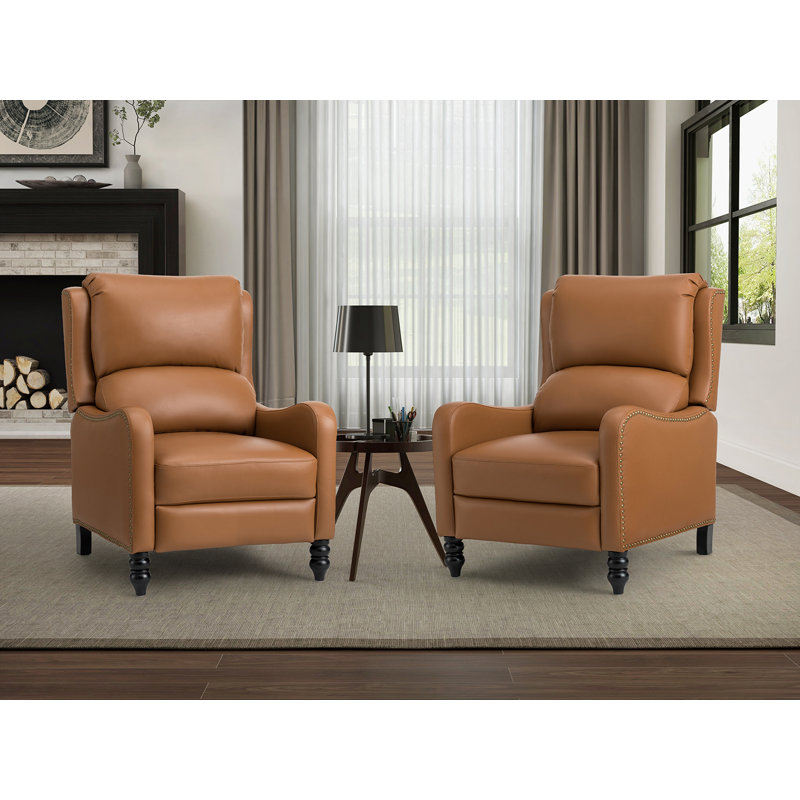 Annegreth Genuine Leather Recliner With Nailhead Trims, Caramel