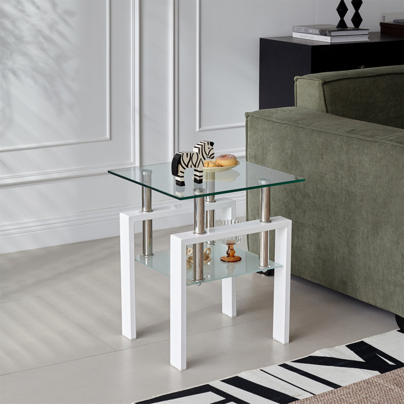 Table de bout en verre trempé transparent avec rangement, conception à 2 couches pour les intérieurs modernes et rustiques