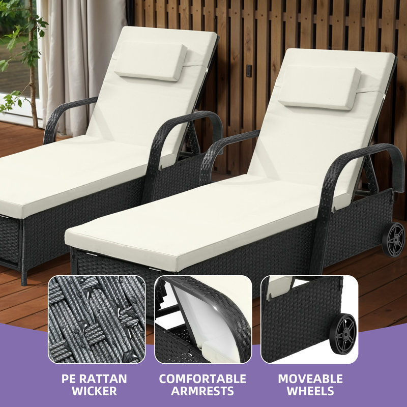 Chaise longue d'extérieur en osier avec espace de rangement Anayelly, Beige/noir