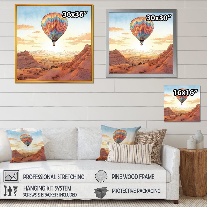 «Floating Dessert Dreamscape Hot Air Balloon II», reproduction sur toile, Cadre doré simple, H 36 po x l 36 po x P 1,5 po