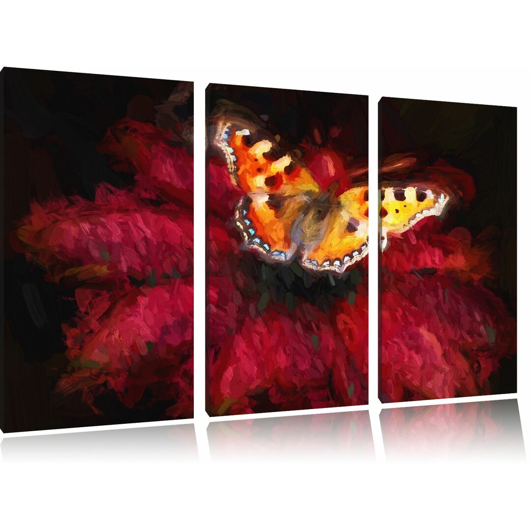 3-tlg. Leinwandbilder-Set Schmetterling auf Blume, Kunstdruck