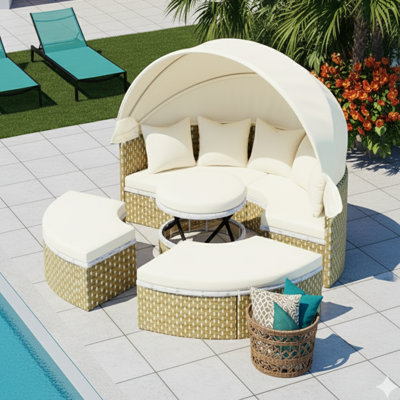 Lit de jour modulaire d'extérieur beige - Auvent rétractable, tissage rotin, ensemble de 3, finition deux tons