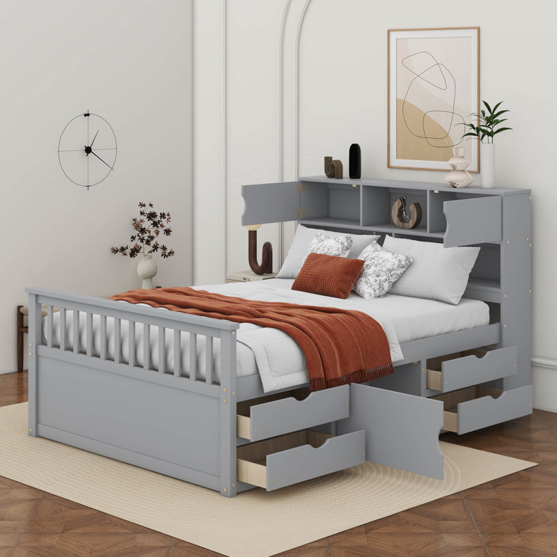 Structure de lit plateforme double pleine grandeur avec bibliothèques de rangement et tablettes, quatre tiroirs, Gris