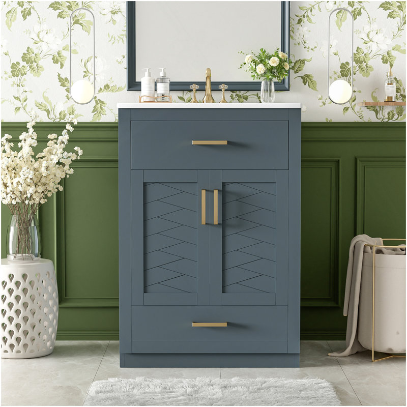 Meuble-lavabo 24 po avec lavabo intégré en céramique, meuble-lavabo à 2 portes, 1 tiroir basculant et meuble-lavabo simple pour salle de bain de petite et moyenne taille, bleu