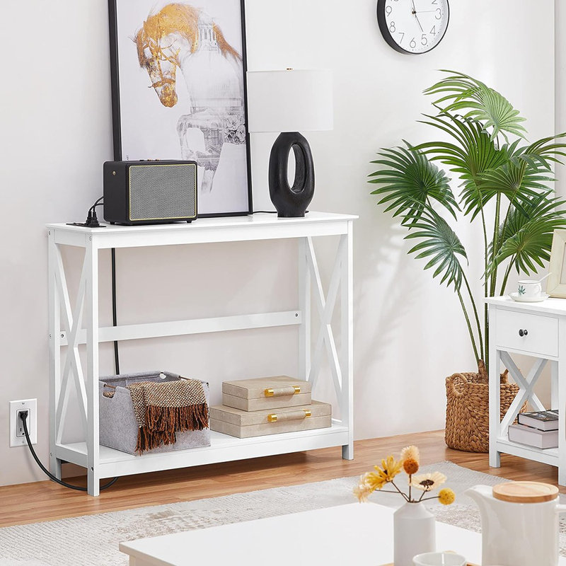 Entryway Table With Charging Station & Storage Shelves – White