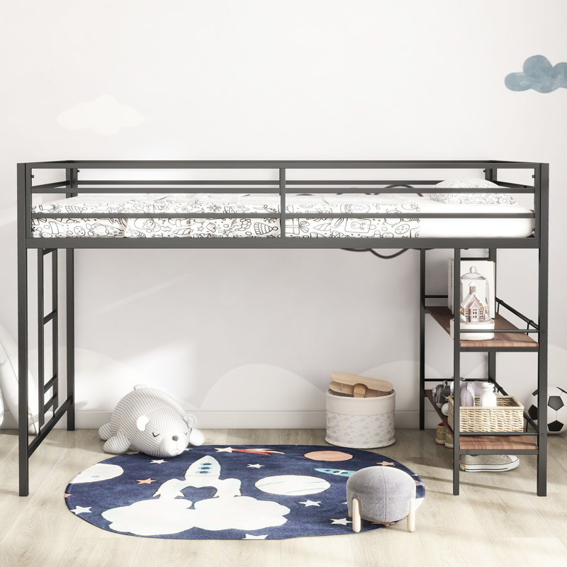 Metal Twin Loft Bunk Bed With Shelf - Space Saving For Bedroom Construction, Safe All ' Frame Shelf, Noise, , Safe, Easy Assembly