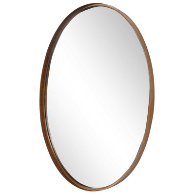  Oval Wall Mirror 35"H Gold Leaf Iron MDF – Wide Metal Band Frame Modern Decor