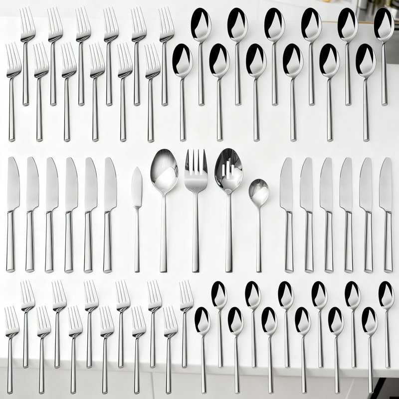 Ensemble de couverts 65 pièces en acier inoxydable Potter, service pour 12 - Argenterie forgée de qualité supérieure 18/0 avec finition satinée moderne, poids lourd et durabilité pour les repas de tous les jours
