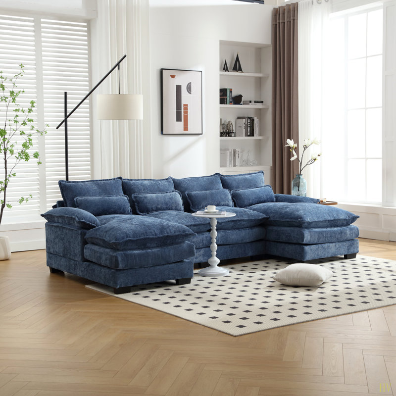 Grand canapé modulaire moderne en U en chenille, Chenille bleu
