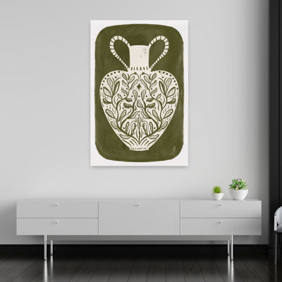 Greek Vase Olive Green Illustration Minimalist Mystical Abstract Landscape Nature Wall Art Print 1 Piece Wrapped Canvas Wall Art