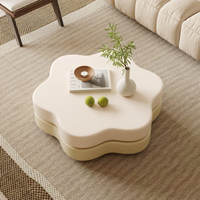 Masek Flower Shape Rotating Coffee Table, Modern Sytle and Creamy White Colour, Extendable Coffee Table No Assembly Required