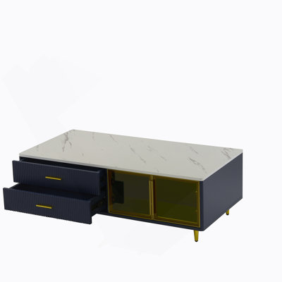 Modern Navy Blue Coffee Table With 2 Glass Door Storage, 4 Drawers, Gold Metal Legs