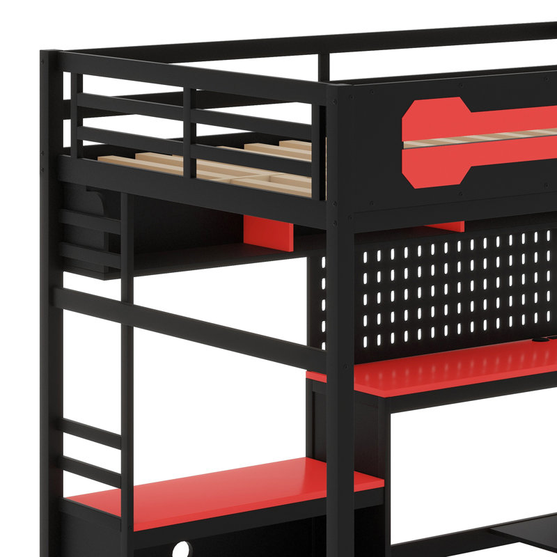 Lit mezzanine en bois avec bureau, Noir / Rouge