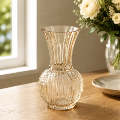 Vase simple en verre ambré avec texture nervurée et vase à col décoratif évasé