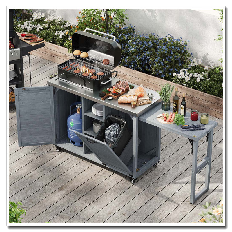 78.3" Outdoor Kitchen Island with Foldable Grill Table and Hidden Trash Cabinet, Gray/Blue