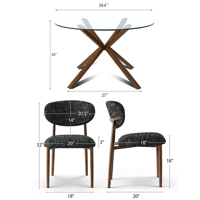 5 Piece Round Glass Dining Set With Walnut Base Table And 4 Upholstered Side Chairs, Black