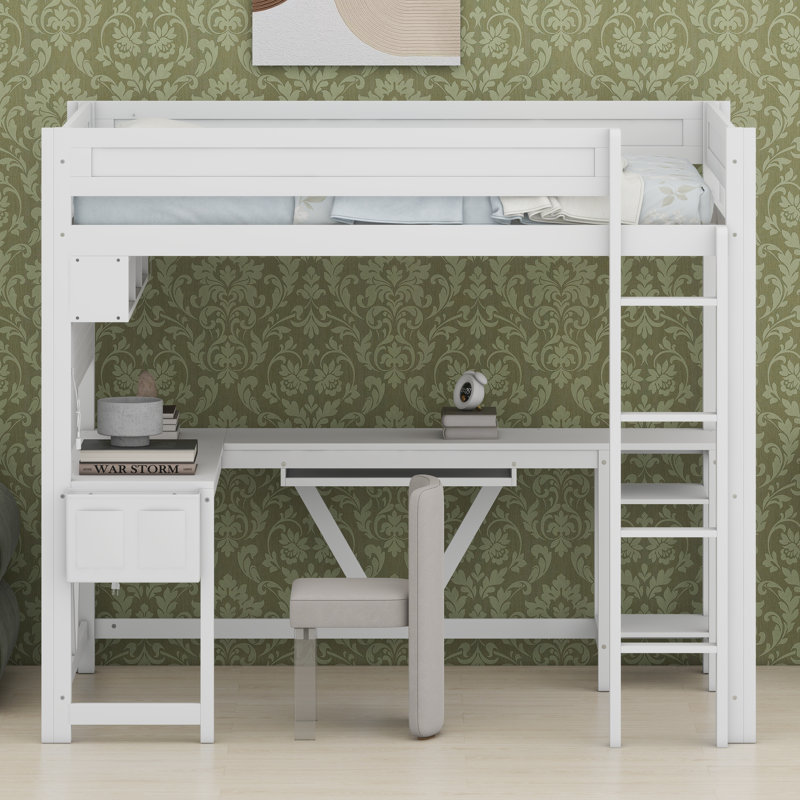 Lit mezzanine peu encombrant avec bureau, tablettes, lumières DEL et station de charge, White