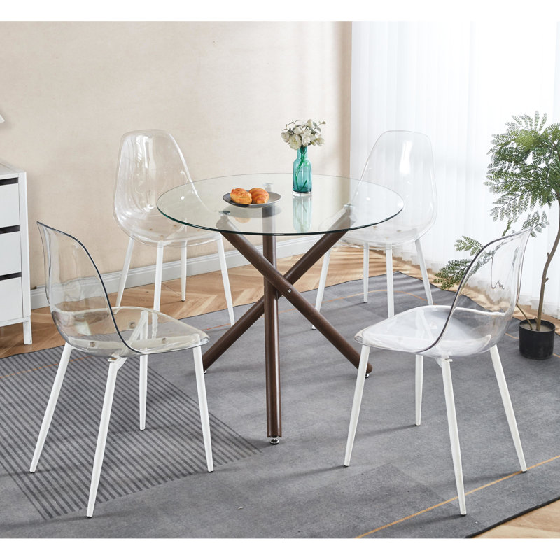 Table de cuisine ronde avec pieds en métal de couleur noyer et plateau en verre trempé noyer moderne