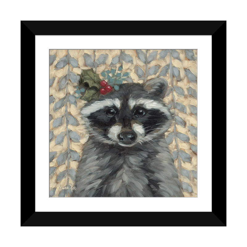 Holly Jolly Racoon - reproduction d'art murale - papier d'art encadré, H 16 po x l 16 po, Noir