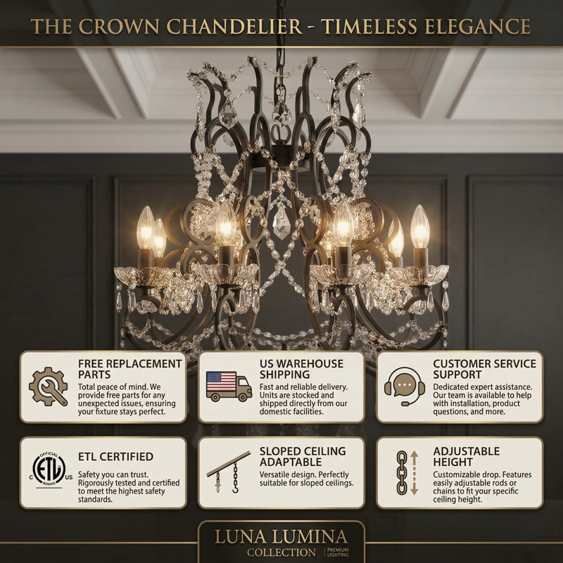 Tomball 10 - Light 25"W Dimmable Traditional Classic Chandelier with Crystal & Metal Frame for Living Room or Dining Room