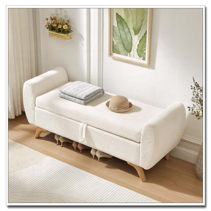 Banc rembourré en velours côtelé avec rangement 57 po, Beige