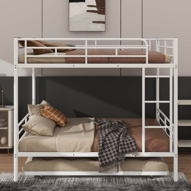Metal Bunk Bed With Underbed Trundle, Full, White