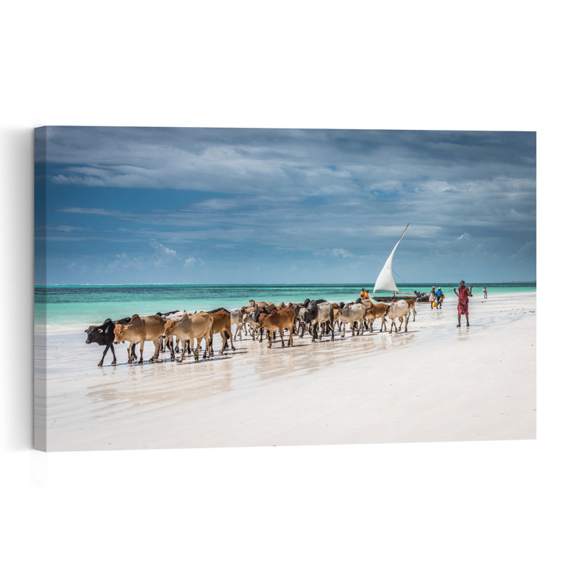 Cows On Tropical Beach Peaceful Traditional Abstract Cow Coastal Wall Art Print by Jeffrey C. Sink - 1 Piece Wrapped Canvas Wall Art