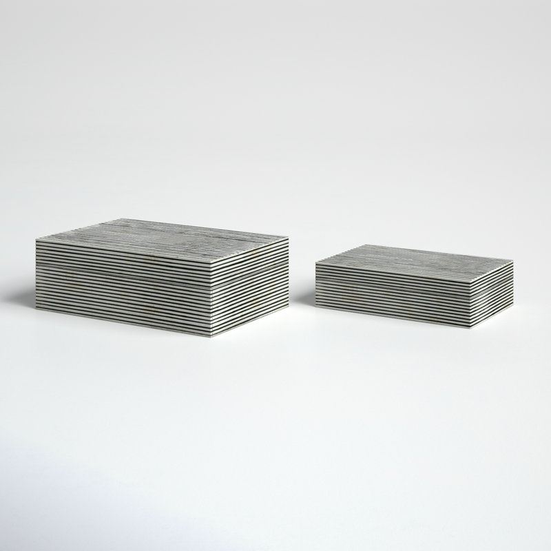 Set of 2 Pinstripe Storage Boxes 10" & 12", White and Gray Polyresin Decorative Keepsake Boxes