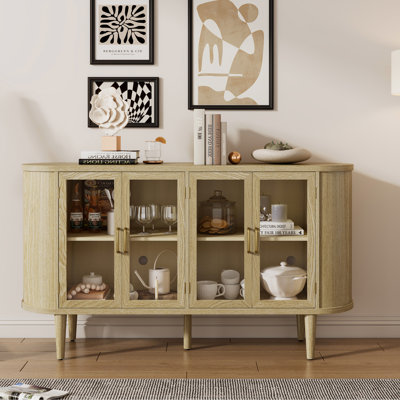Farmhouse Sideboard Cabinet With Storage, Wood Buffet Cabinet With Glass Doors And Adjustable Shelves For Kitchen, Dining Room And Living Room (Natural)