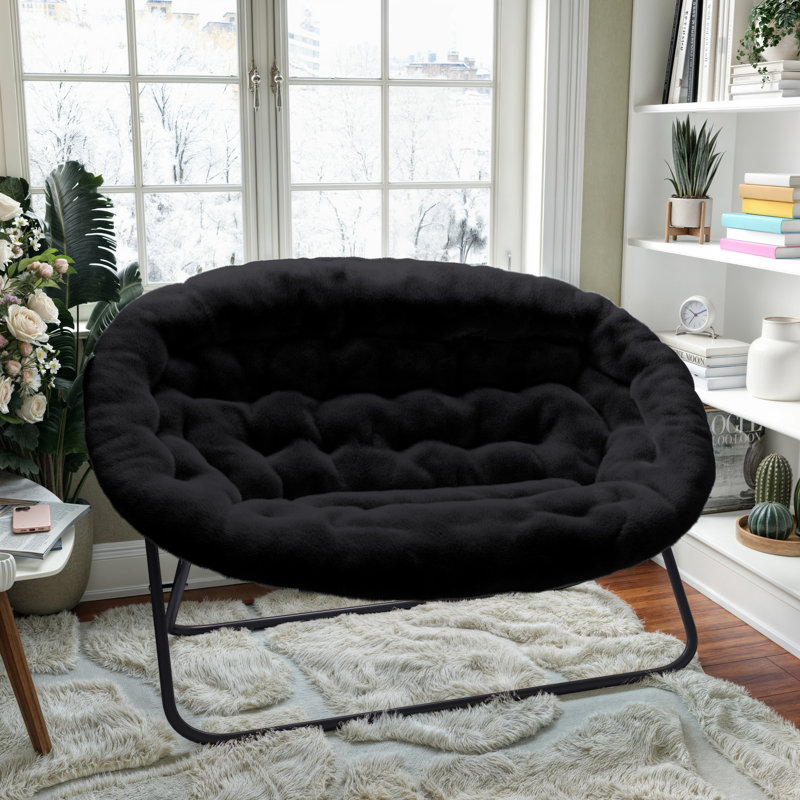 Folding Double Saucer Chair With Steel Frame, Black Polyester