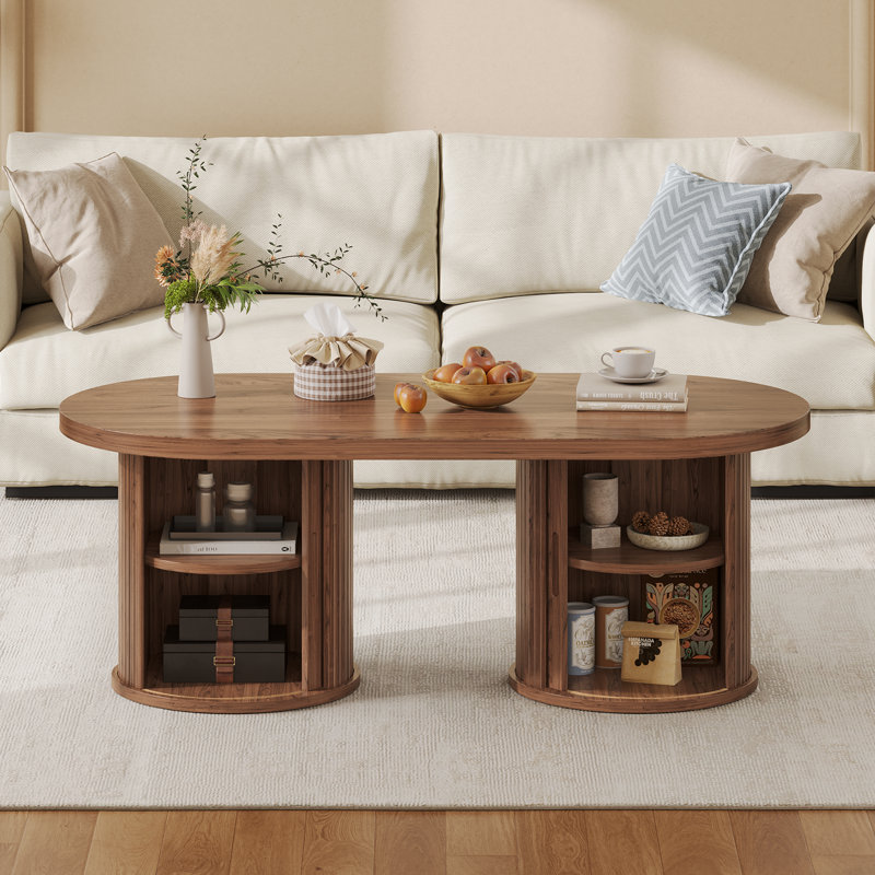 47'' W Oval Coffee Table With Storage, Mid-Century Modern Fluted Center Table With Round Base, Walnut